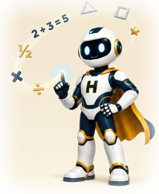 Hero, the MyMathsHero AI maths tutor, surrounded by floating maths symbols